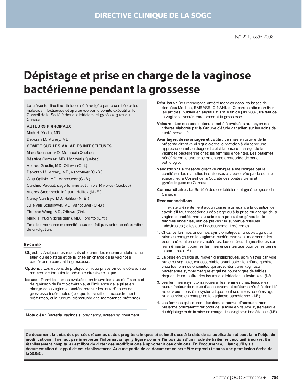 Dépistage et prise en charge de la vaginose bactérienne pendant la grossesse