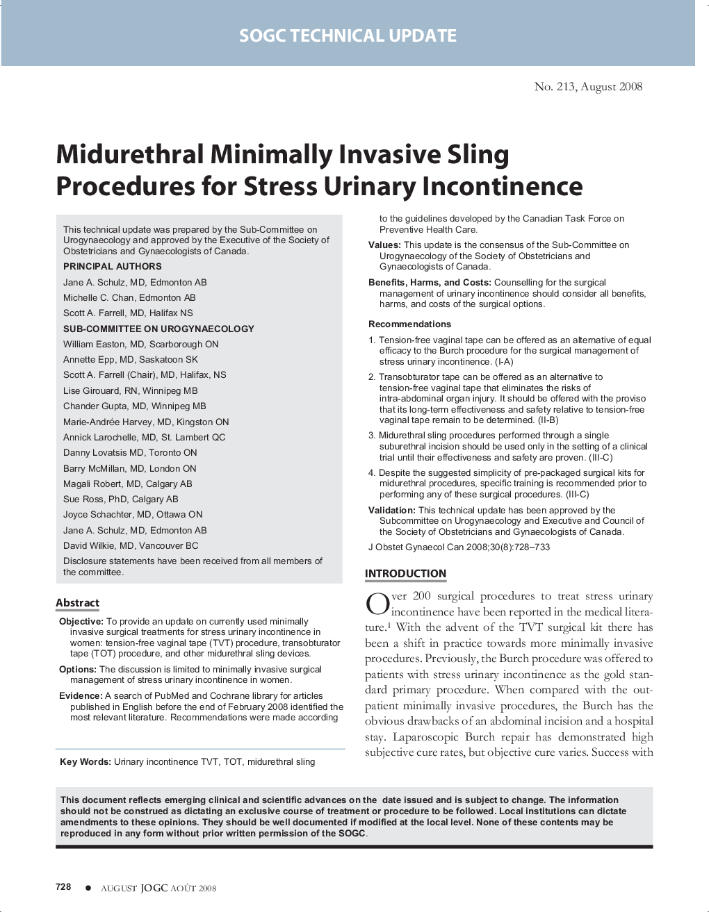 Midurethral Minimally Invasive Sling Procedures for Stress Urinary Incontinence