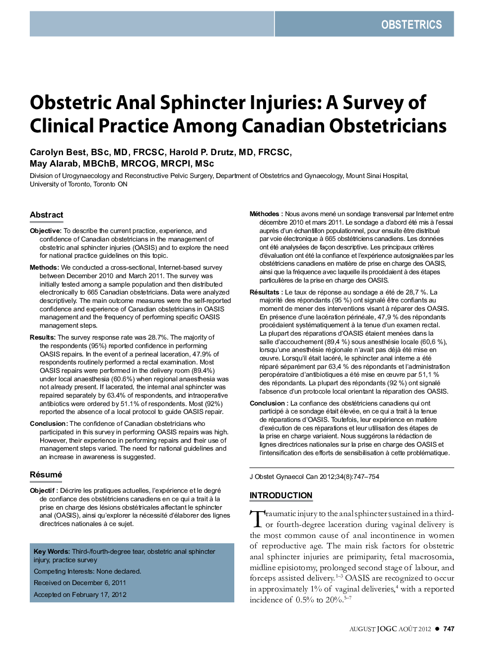 Obstetric Anal Sphincter Injuries: A Survey of Clinical Practice Among Canadian Obstetricians
