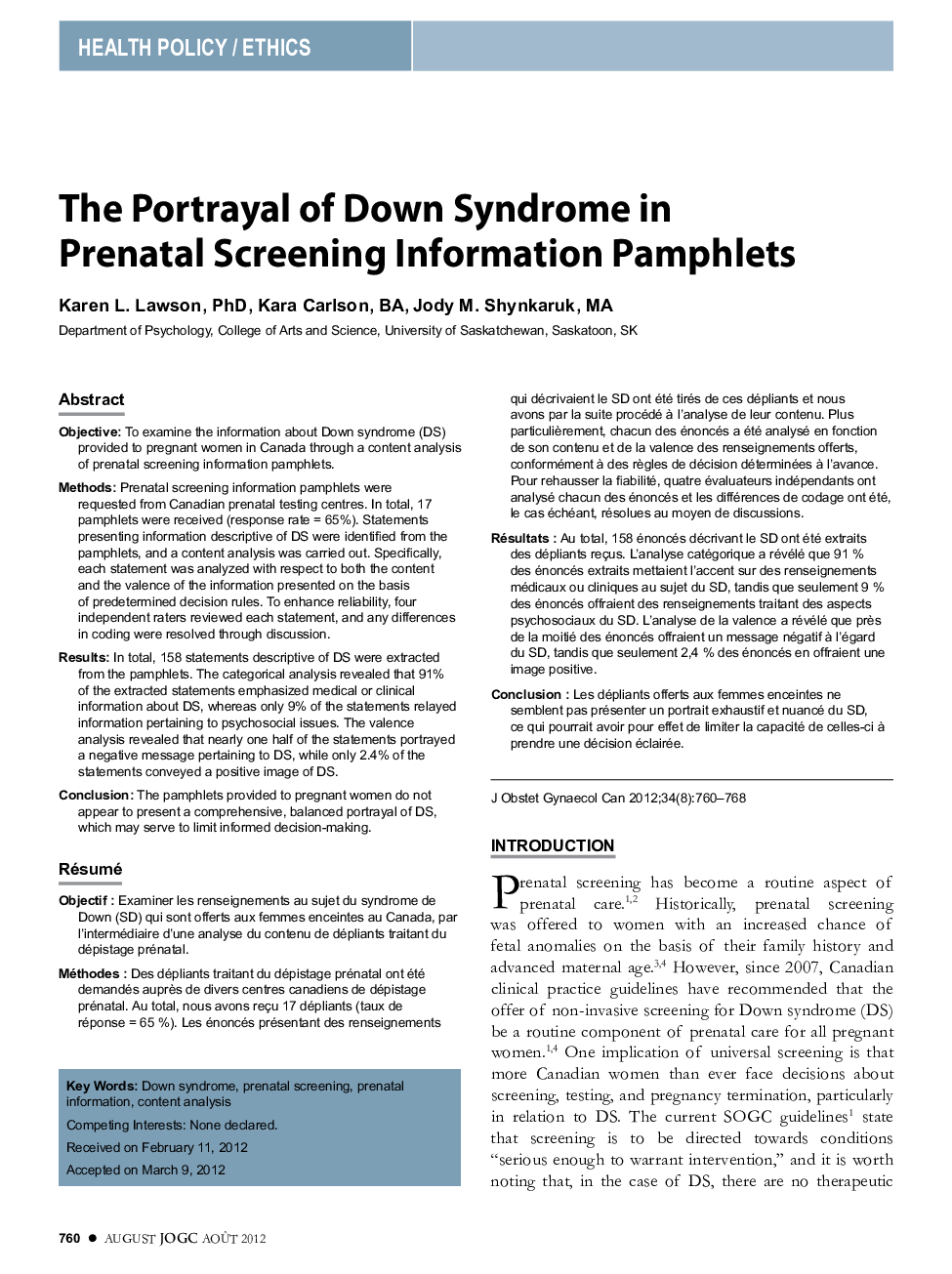 The Portrayal of Down Syndrome in Prenatal Screening Information Pamphlets