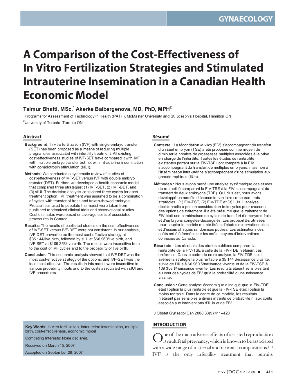 A Comparison of the Cost-Effectiveness of In Vitro Fertilization Strategies and Stimulated Intrauterine Insemination in a Canadian Health Economic Model