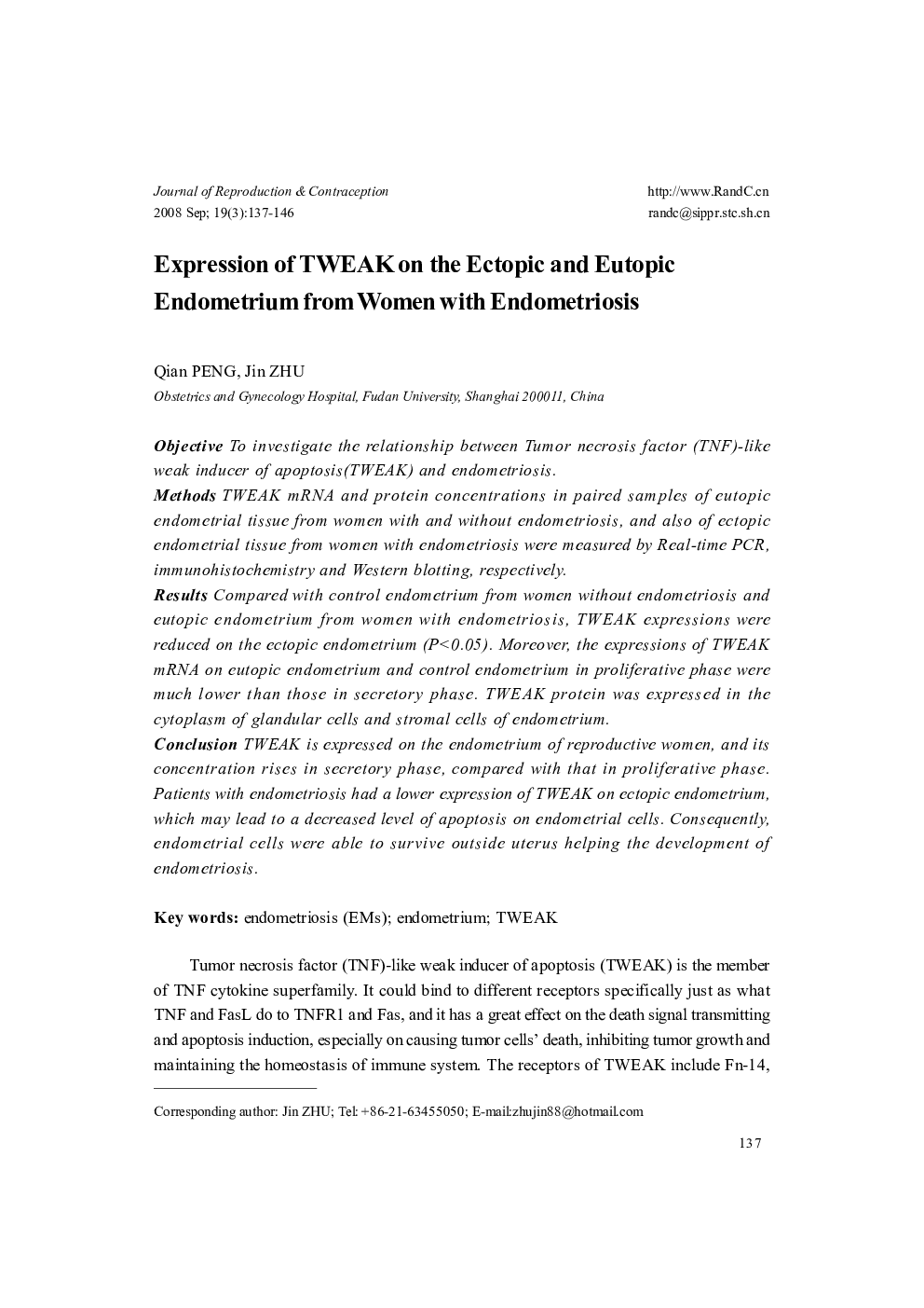 Expression of TWEAK on the Ectopic and Eutopic Endometrium from Women with Endometriosis