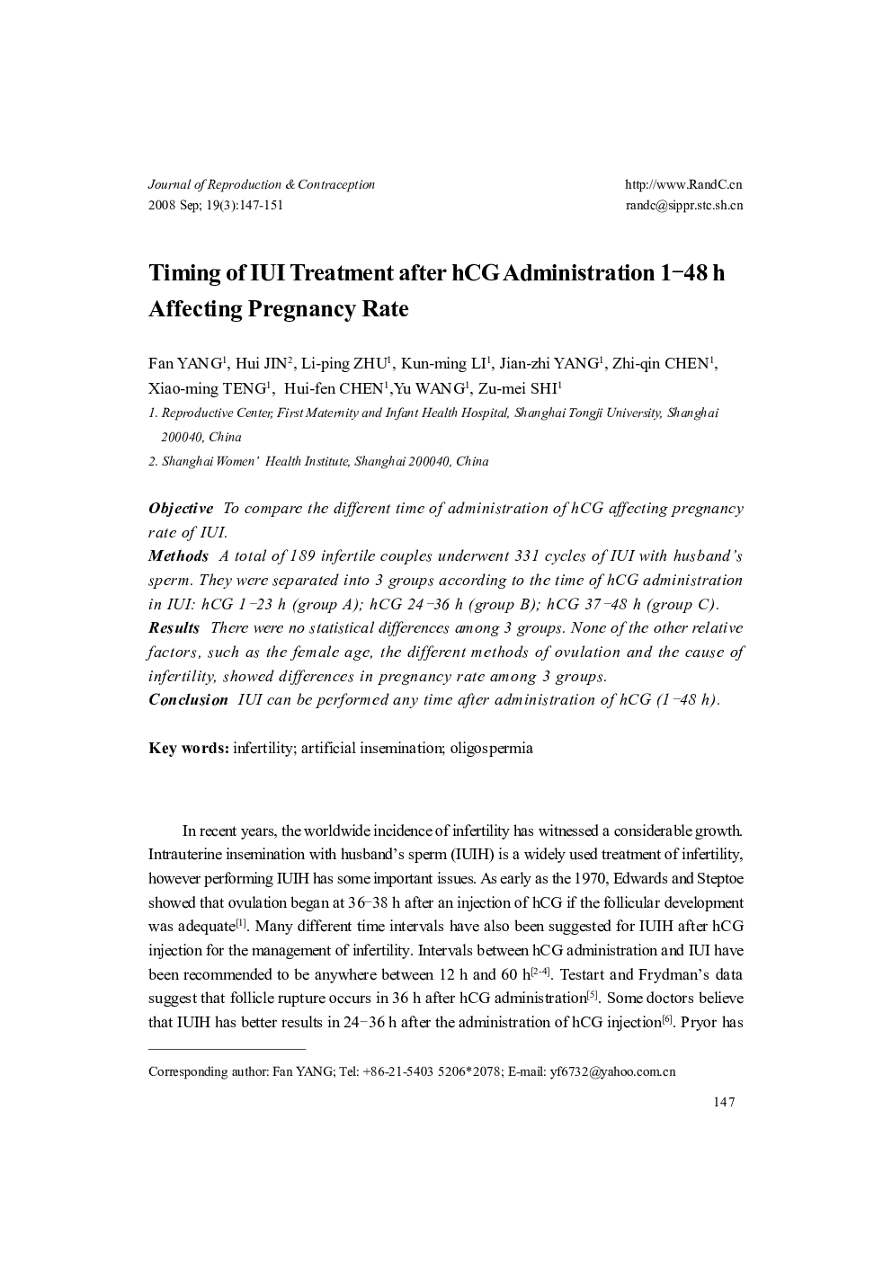 Timing of IUI Treatment after hCG Administration 1–48 h Affecting Pregnancy Rate