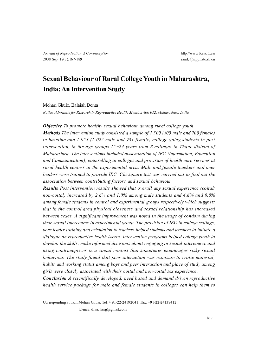 Sexual Behaviour of Rural College Youth in Maharashtra, India: An Intervention Study