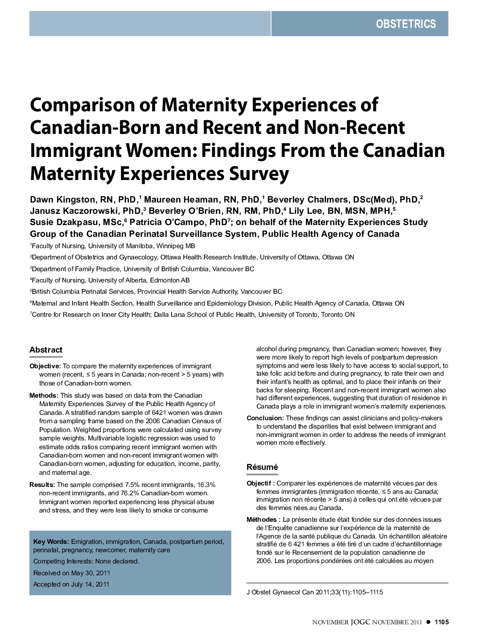 Comparison of Maternity Experiences of Canadian-Born and Recent and Non-Recent Immigrant Women: Findings From the Canadian Maternity Experiences Survey