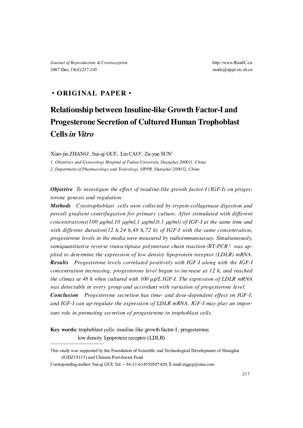 Relationship between Insuline-like Growth Factor-I and Progesterone Secretion of Cultured Human Trophoblast Cells in Vitro 