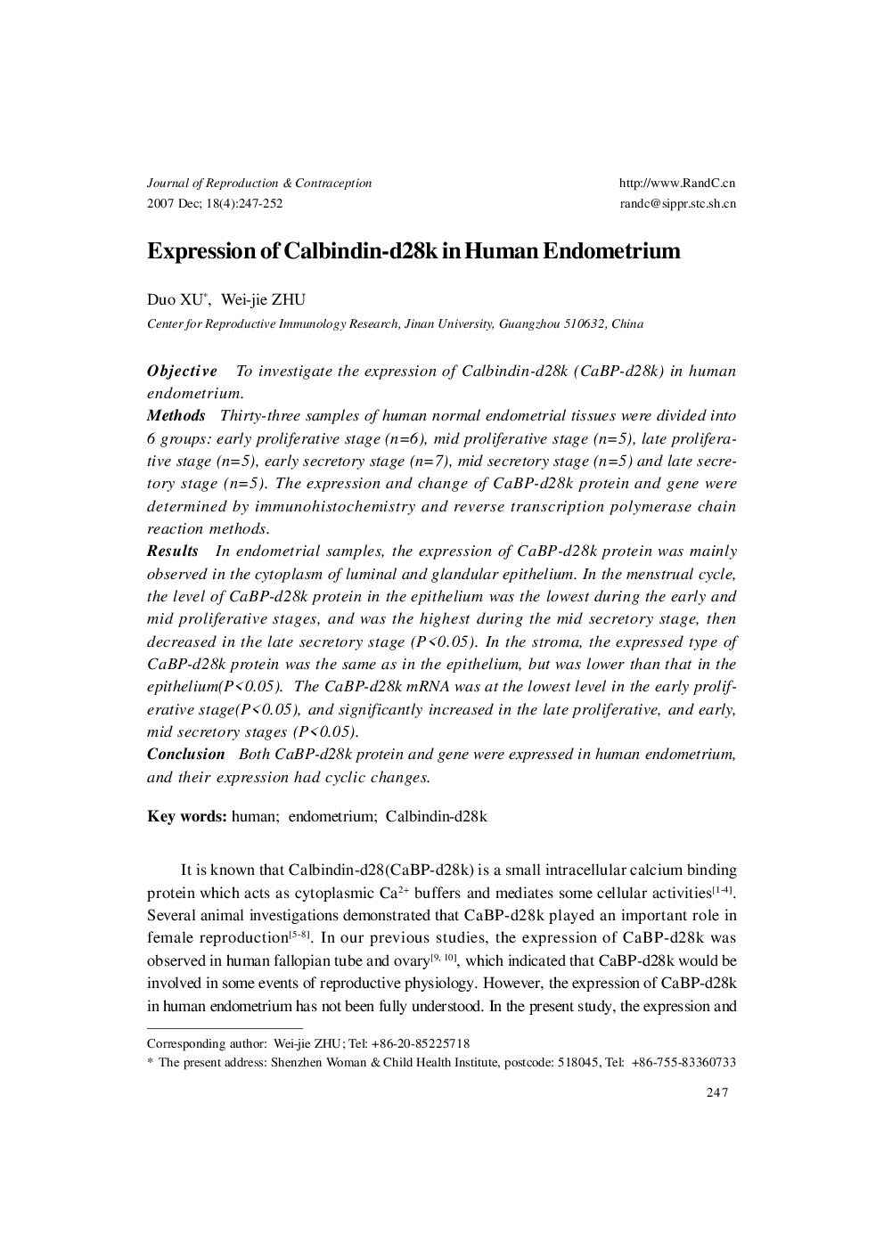 Expression of Calbindin-d28k in Human Endometrium