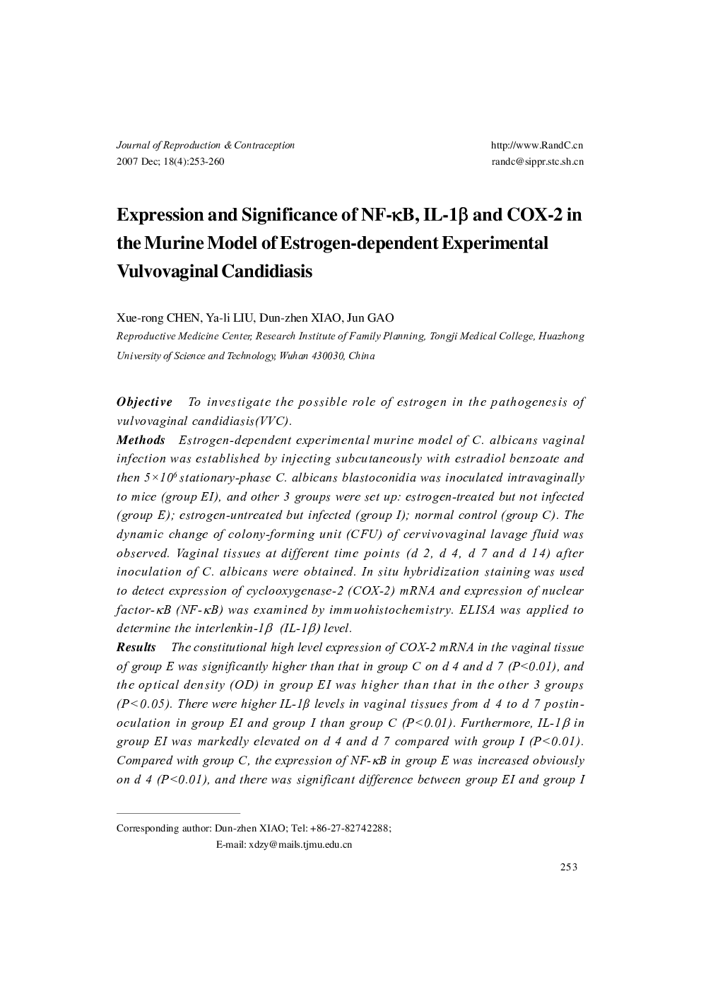 Expression and Significance of NF-κB, IL-1β and COX-2 in the Murine Model of Estrogen-dependent Experimental Vulvovaginal Candidiasis
