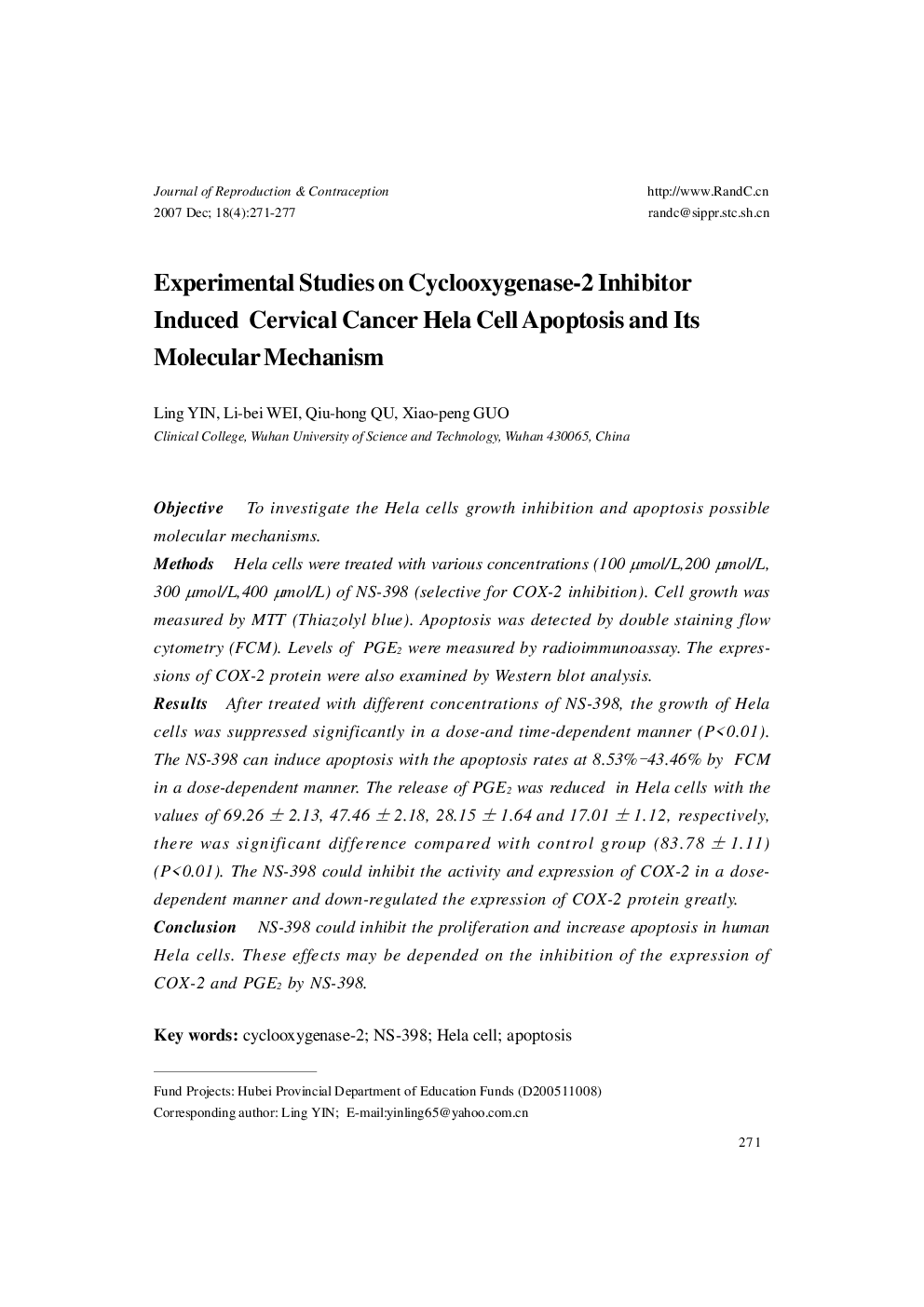 Experimental Studies on Cyclooxygenase-2 Inhibitor Induced Cervical Cancer Hela Cell Apoptosis and Its Molecular Mechanism 