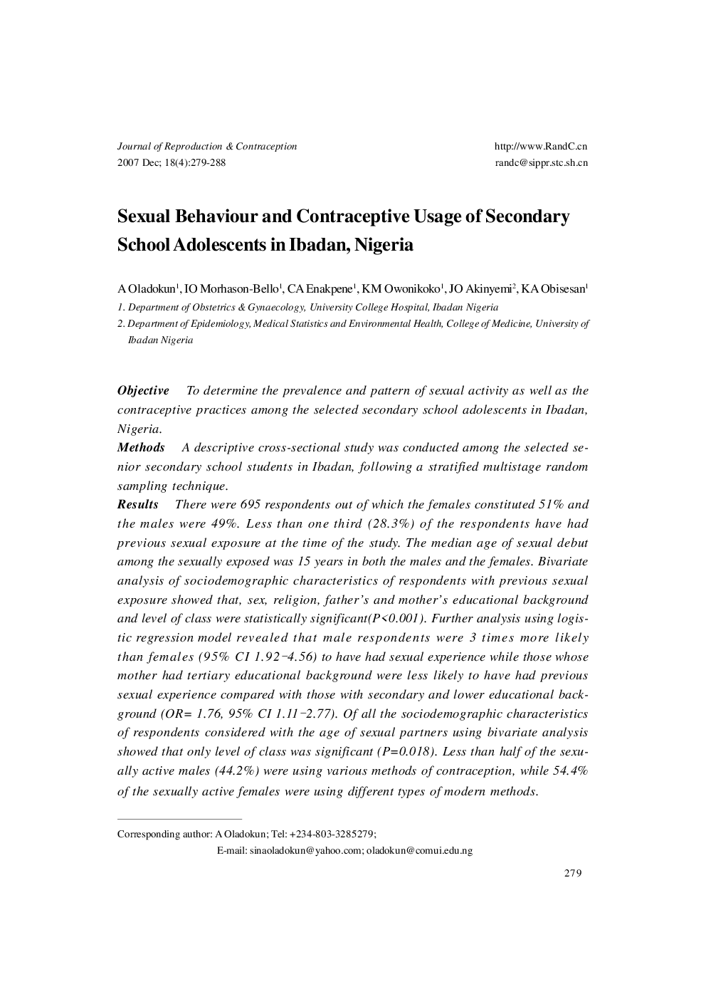 Sexual Behaviour and Contraceptive Usage of Secondary School Adolescents in Ibadan, Nigeria