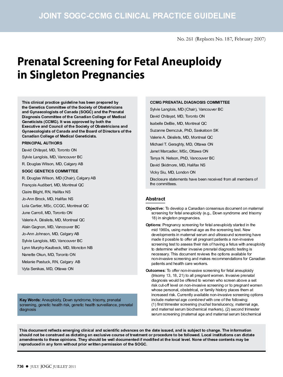 Prenatal Screening for Fetal Aneuploidy in Singleton Pregnancies