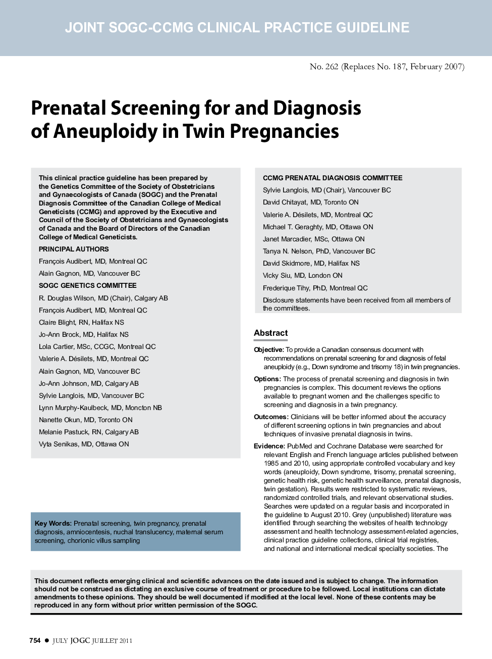 Prenatal Screening for and Diagnosis of Aneuploidy in Twin Pregnancies