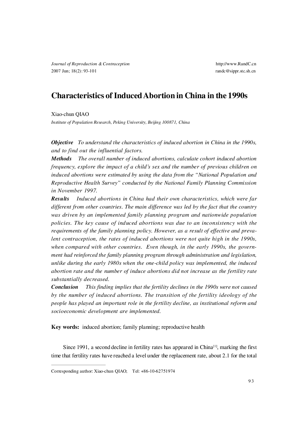 Characteristics of Induced Abortion in China in the 1990s