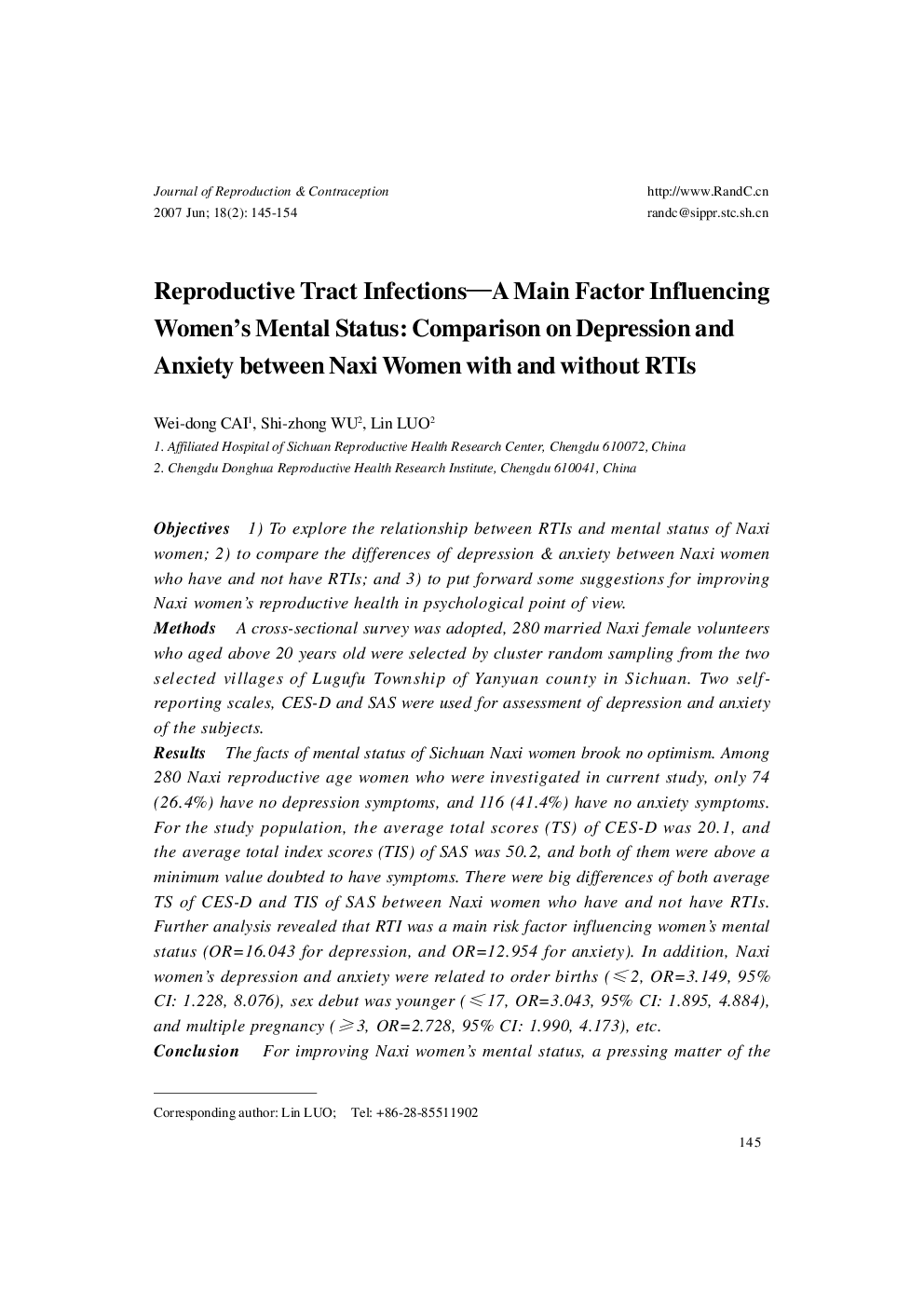 Reproductive Tract Infections—A Main Factor Influencing Women's Mental Status: Comparison on Depression and Anxiety between Naxi Women with and without RTIs