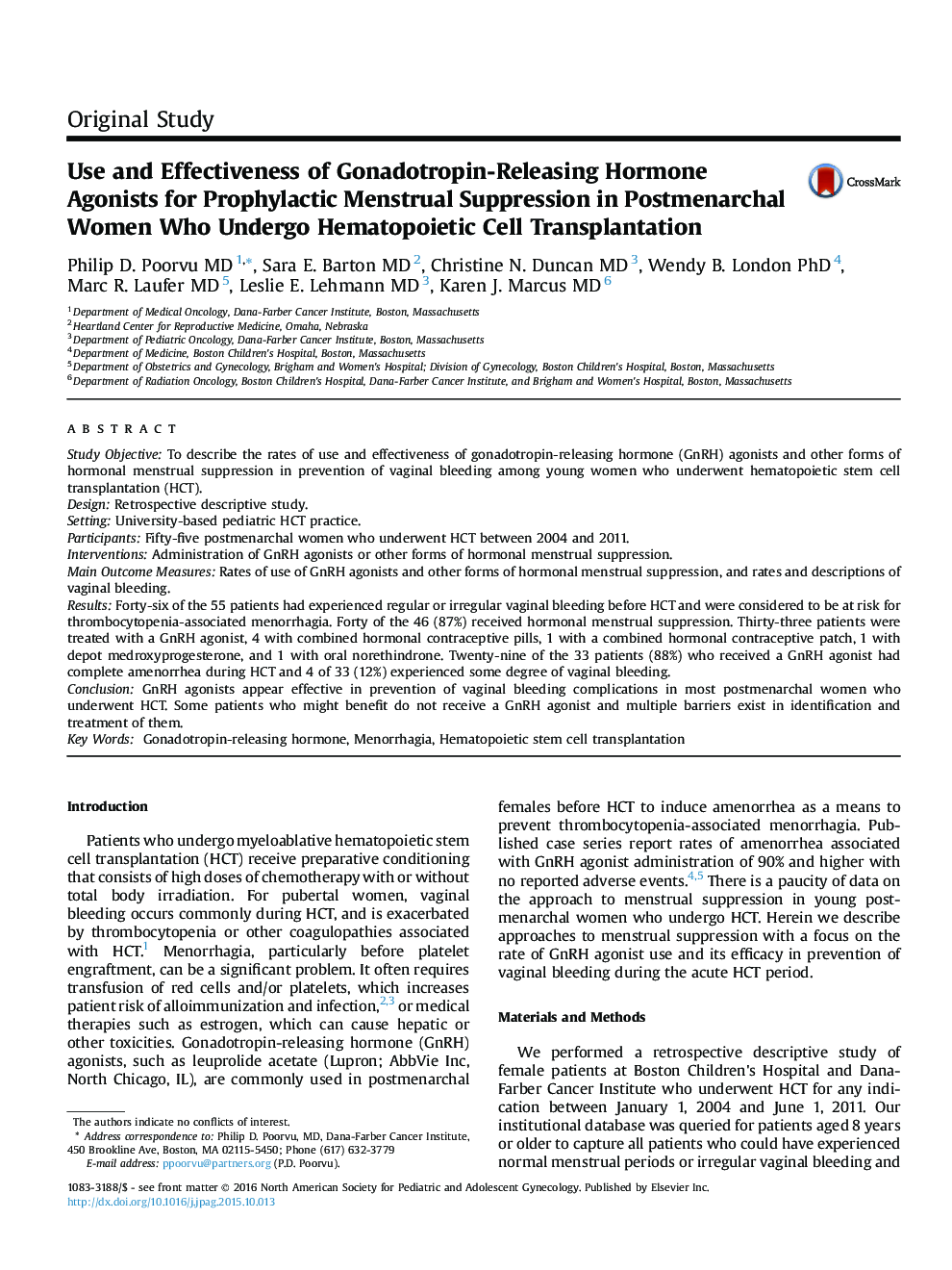 Use and Effectiveness of Gonadotropin-Releasing Hormone Agonists for Prophylactic Menstrual Suppression in Postmenarchal Women Who Undergo Hematopoietic Cell Transplantation 