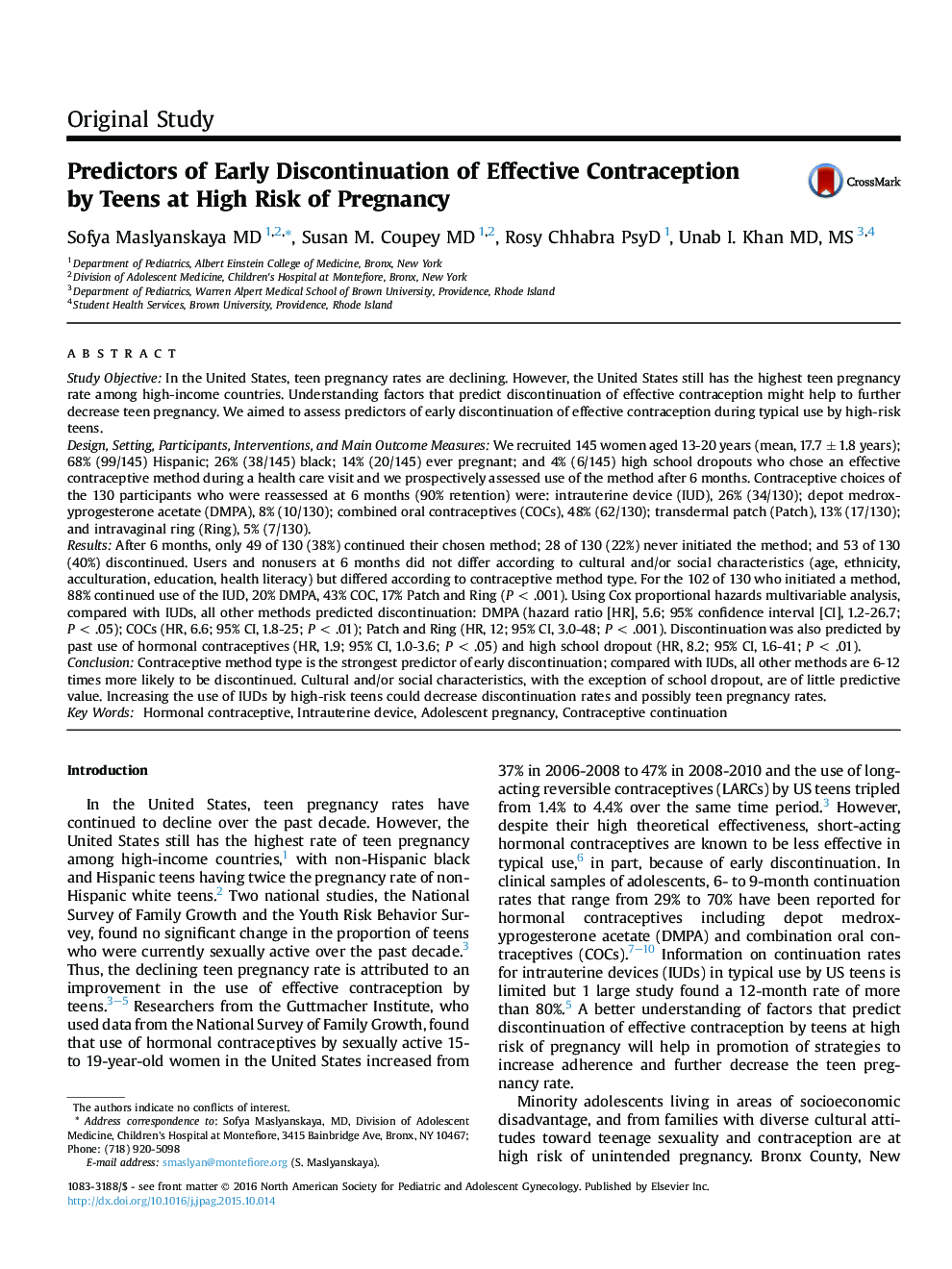 Predictors of Early Discontinuation of Effective Contraception by Teens at High Risk of Pregnancy 