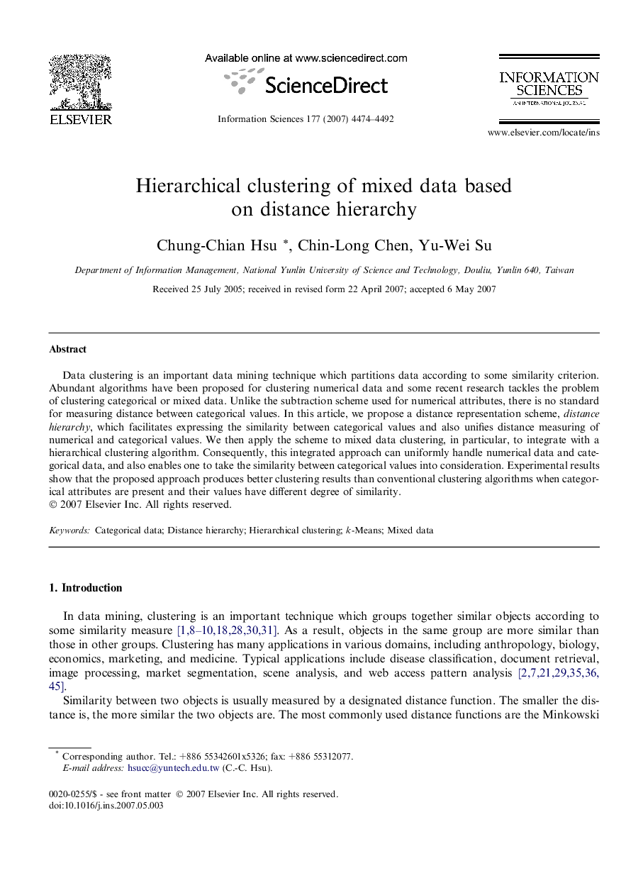 Hierarchical clustering of mixed data based on distance hierarchy