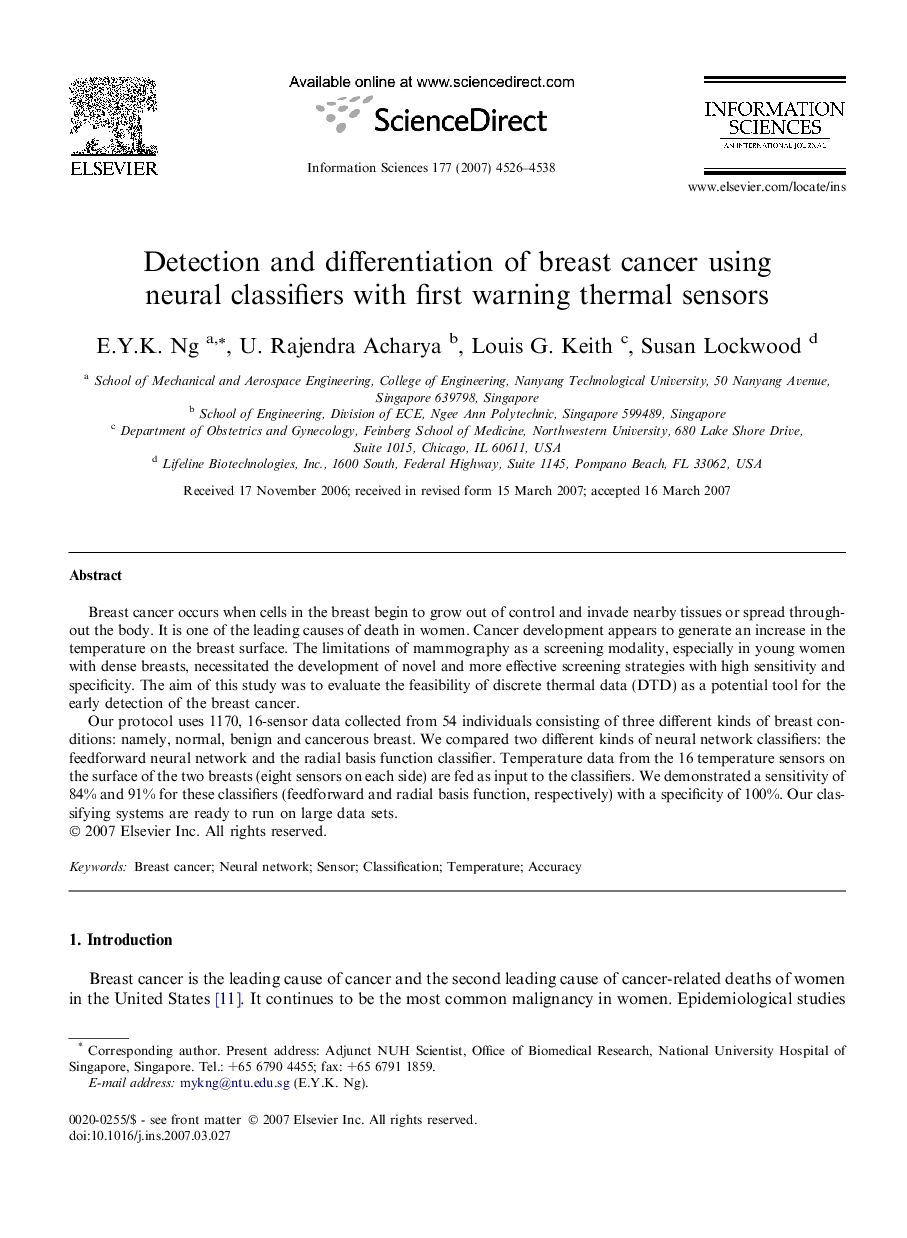 Detection and differentiation of breast cancer using neural classifiers with first warning thermal sensors