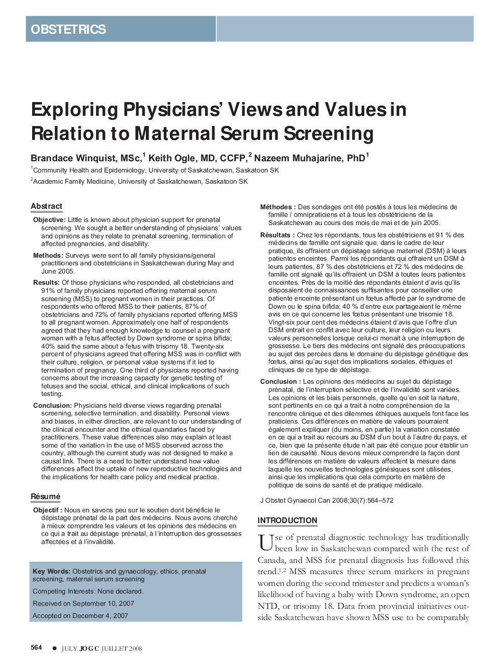 Exploring Physicians' Views and Values in Relation to Maternal Serum Screening