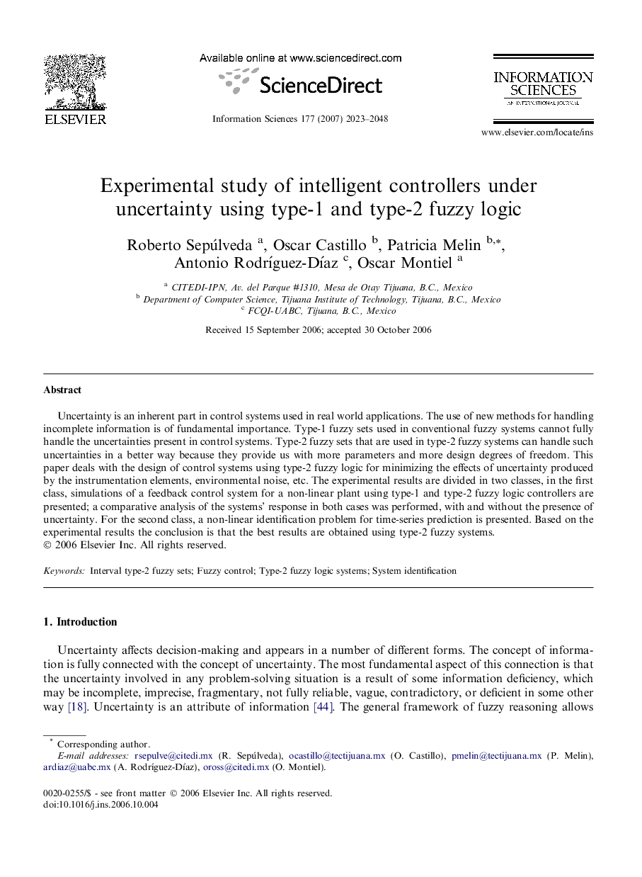 Experimental study of intelligent controllers under uncertainty using type-1 and type-2 fuzzy logic