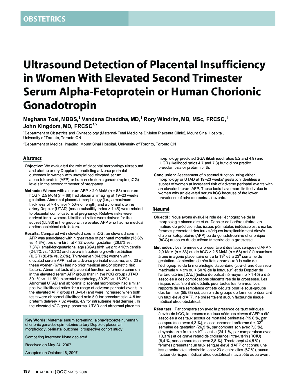 Ultrasound Detection of Placental Insufficiency in Women With Elevated Second Trimester Serum Alpha-Fetoprotein or Human Chorionic Gonadotropin