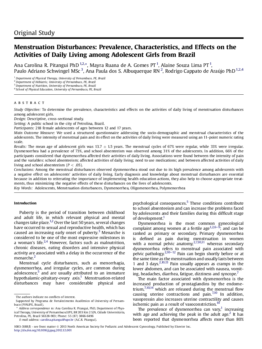 Menstruation Disturbances: Prevalence, Characteristics, and Effects on the Activities of Daily Living among Adolescent Girls from Brazil 