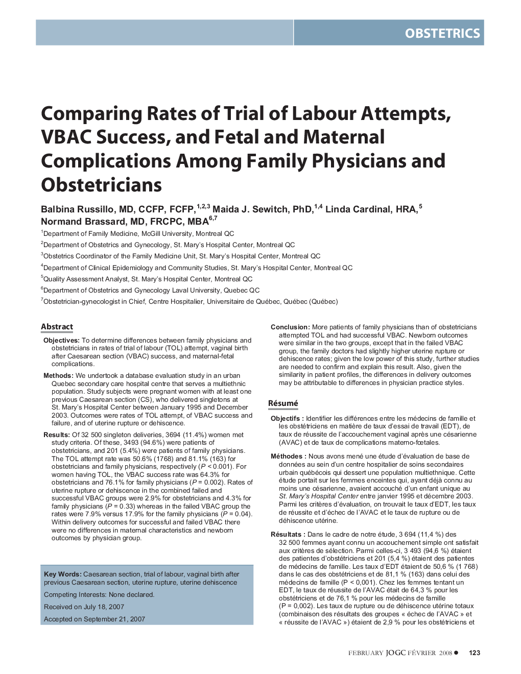 Comparing Rates of Trial of Labour Attempts, VBAC Success, and Fetal and Maternal Complications Among Family Physicians and Obstetricians