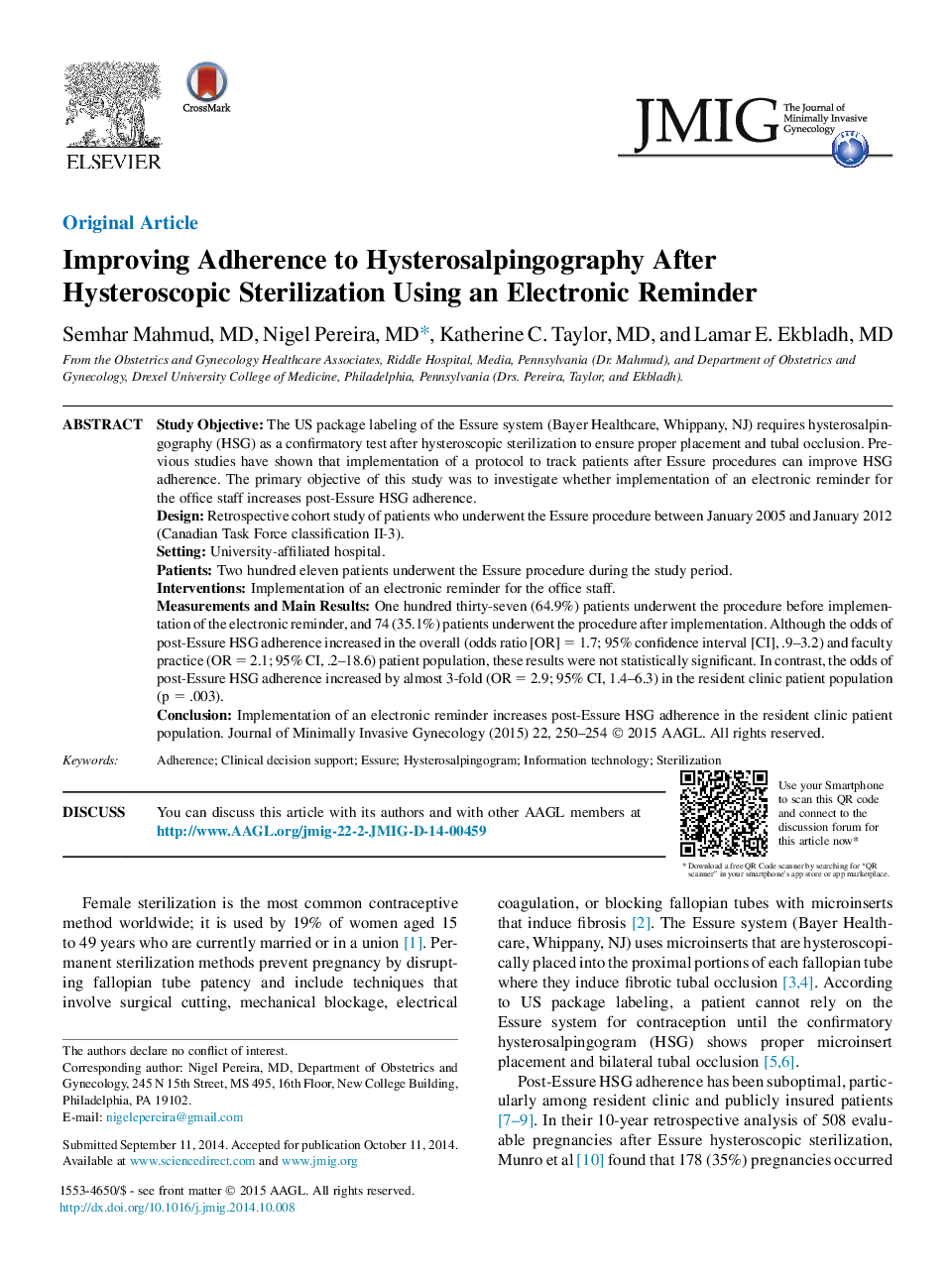 Improving Adherence to Hysterosalpingography After Hysteroscopic Sterilization Using an Electronic Reminder