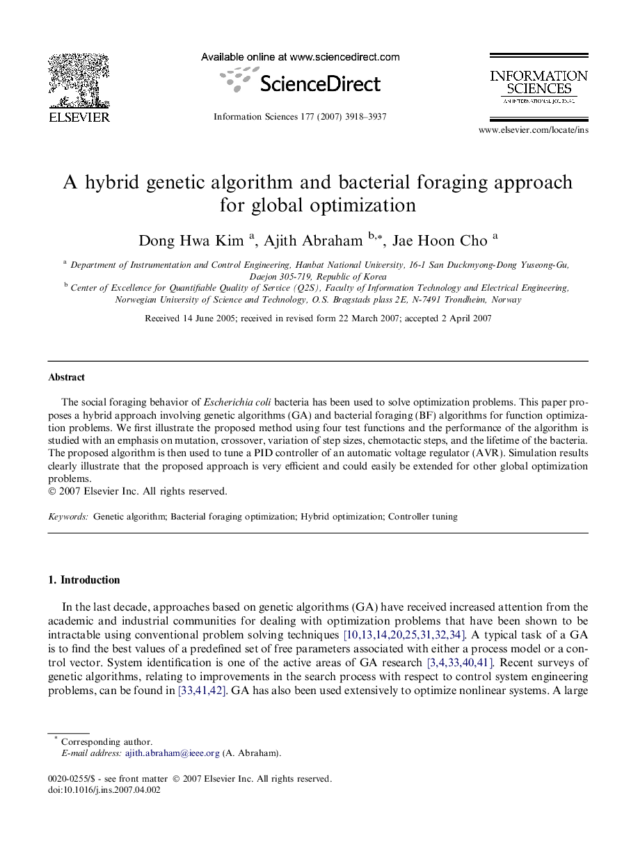 عکس صفحه اول مقاله: A hybrid genetic algorithm and bacterial foraging approach for global optimization A hybrid genetic algorithm and bacterial foraging approach for global optimization