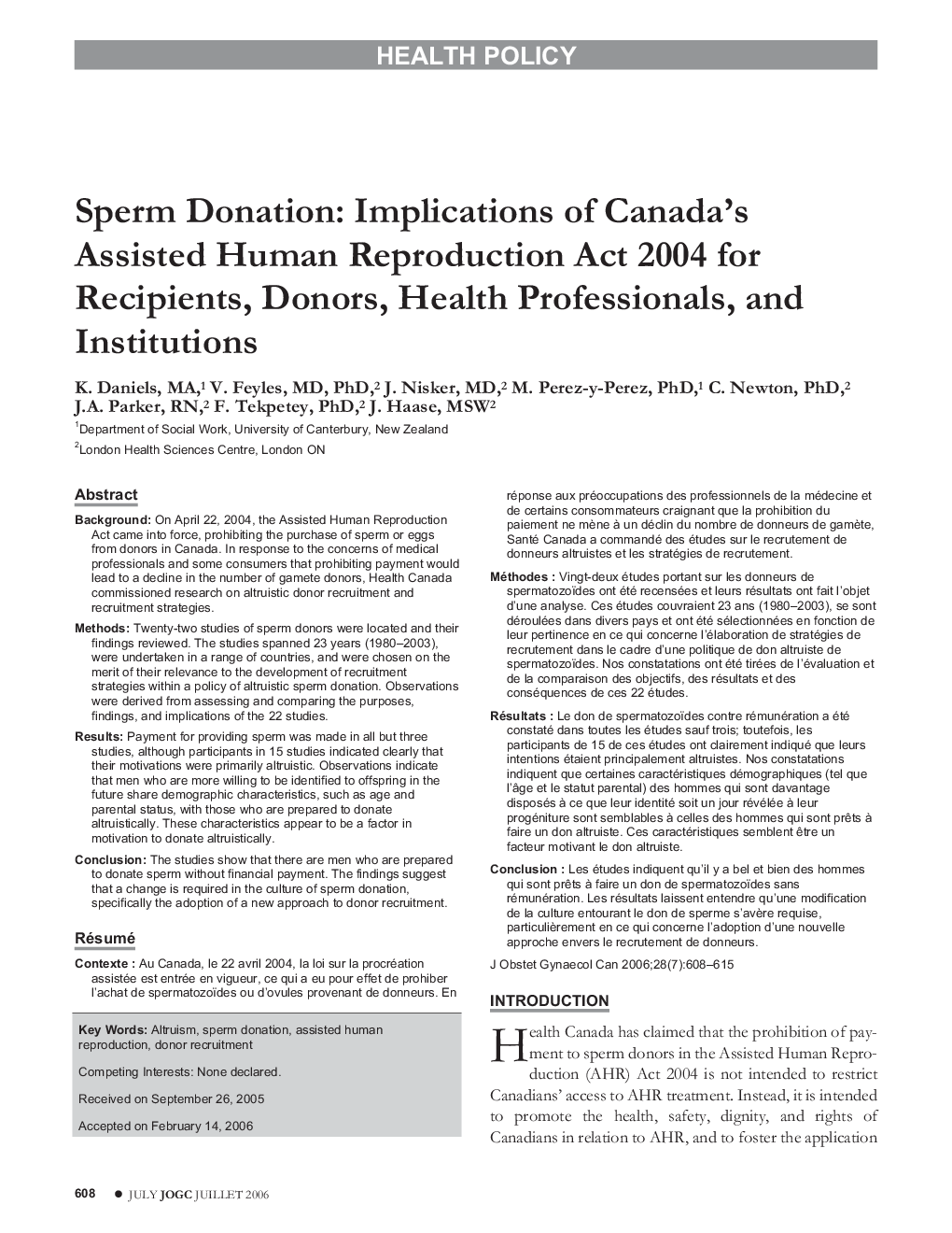 Sperm Donation: Implications of Canada's Assisted Human Reproduction Act 2004 for Recipients, Donors, Health Professionals, and Institutions