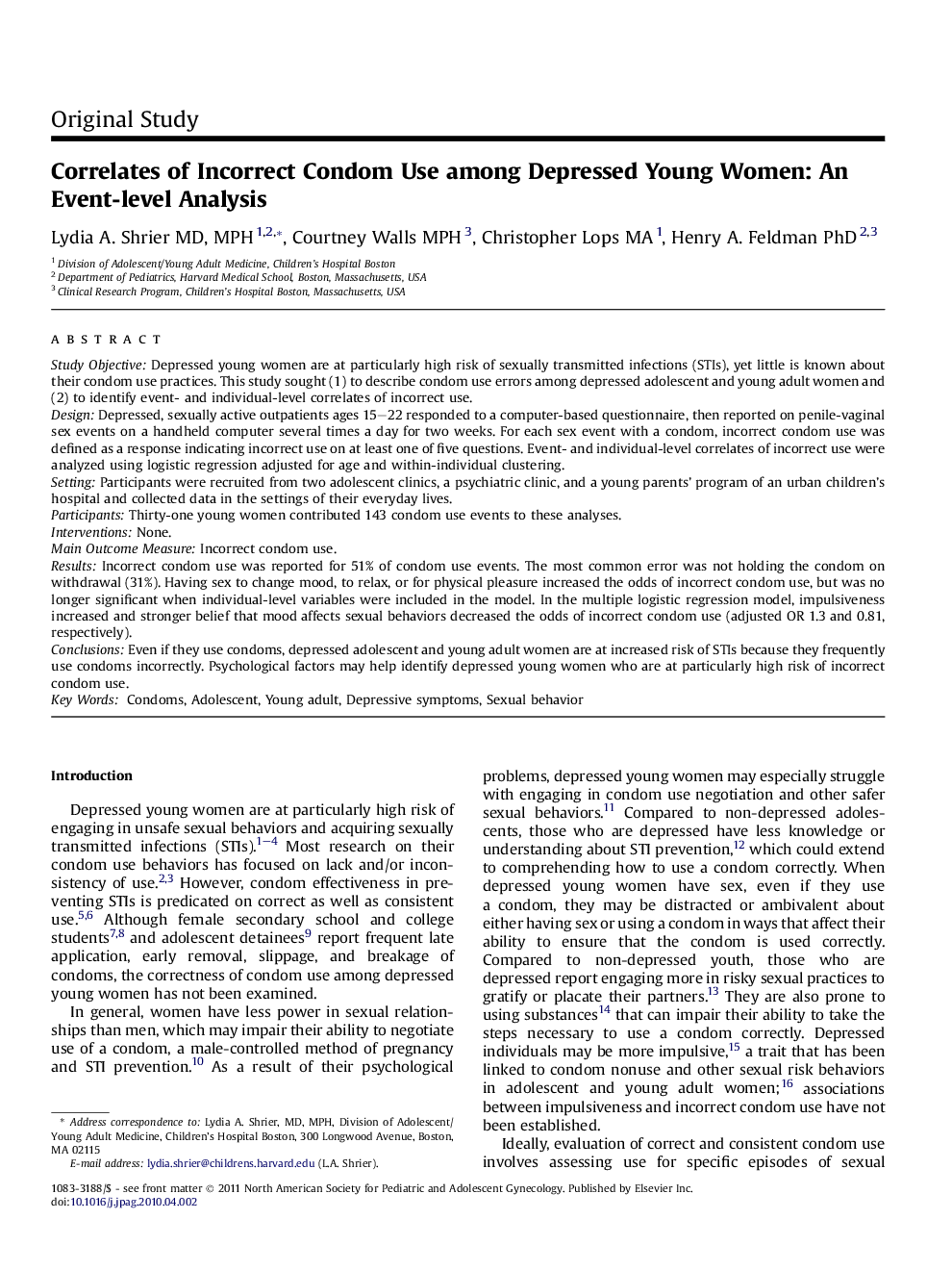 Correlates of Incorrect Condom Use among Depressed Young Women: An Event-level Analysis