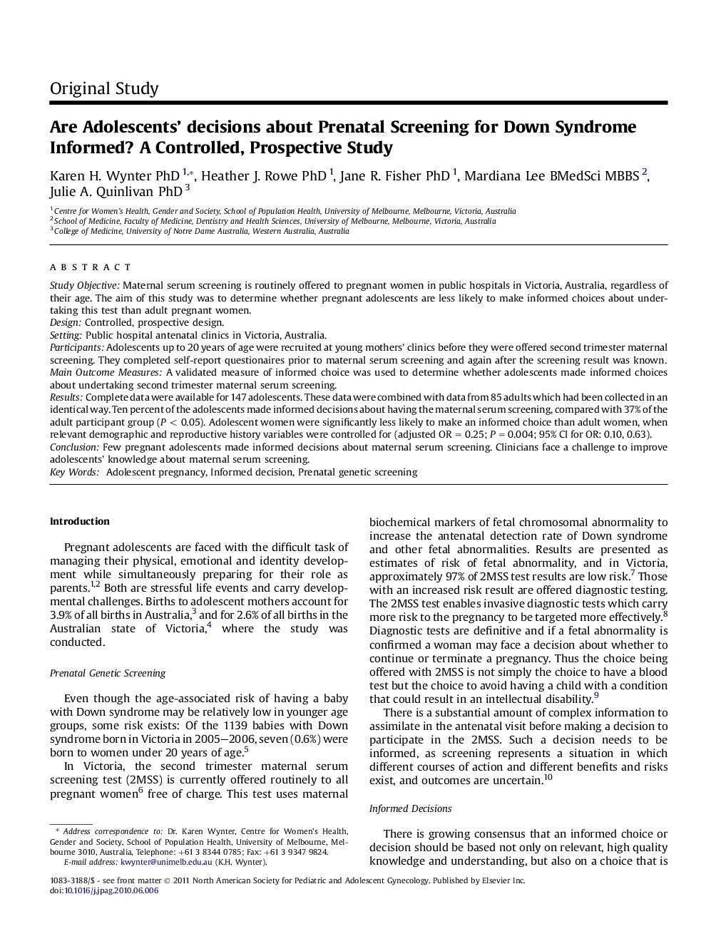 Are Adolescents’ decisions about Prenatal Screening for Down Syndrome Informed? A Controlled, Prospective Study