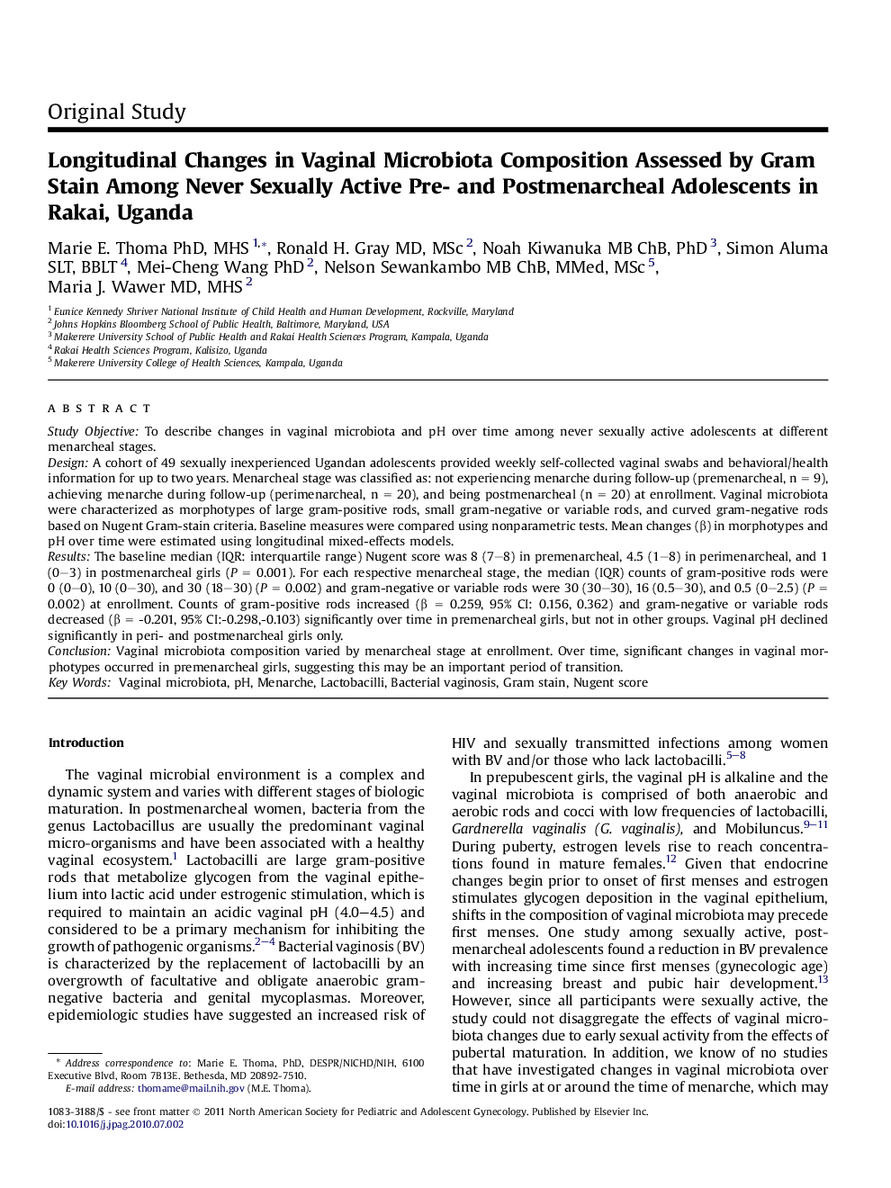 Longitudinal Changes in Vaginal Microbiota Composition Assessed by Gram Stain Among Never Sexually Active Pre- and Postmenarcheal Adolescents in Rakai, Uganda