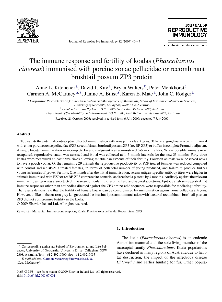 The immune response and fertility of koalas (Phascolarctos cinereus) immunised with porcine zonae pellucidae or recombinant brushtail possum ZP3 protein