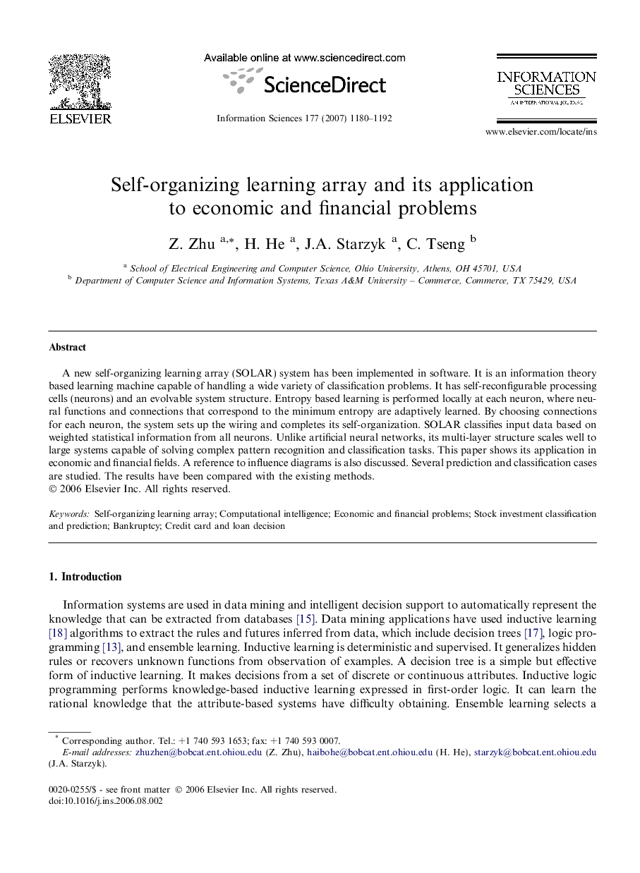 Self-organizing learning array and its application to economic and financial problems