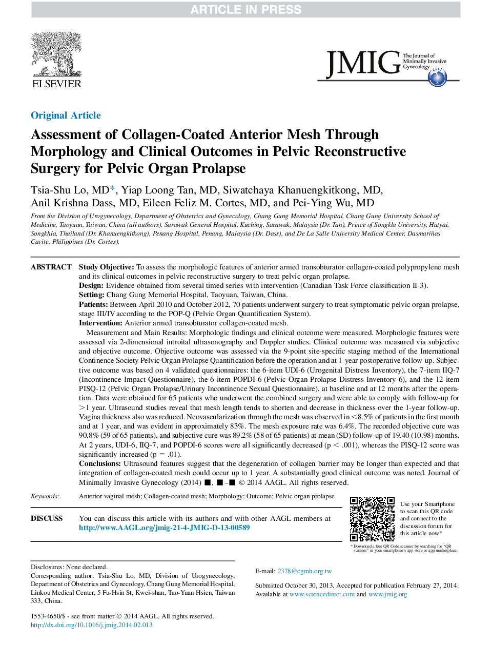 Assessment of Collagen-Coated Anterior Mesh Through Morphology and Clinical Outcomes in Pelvic Reconstructive Surgery for Pelvic Organ Prolapse