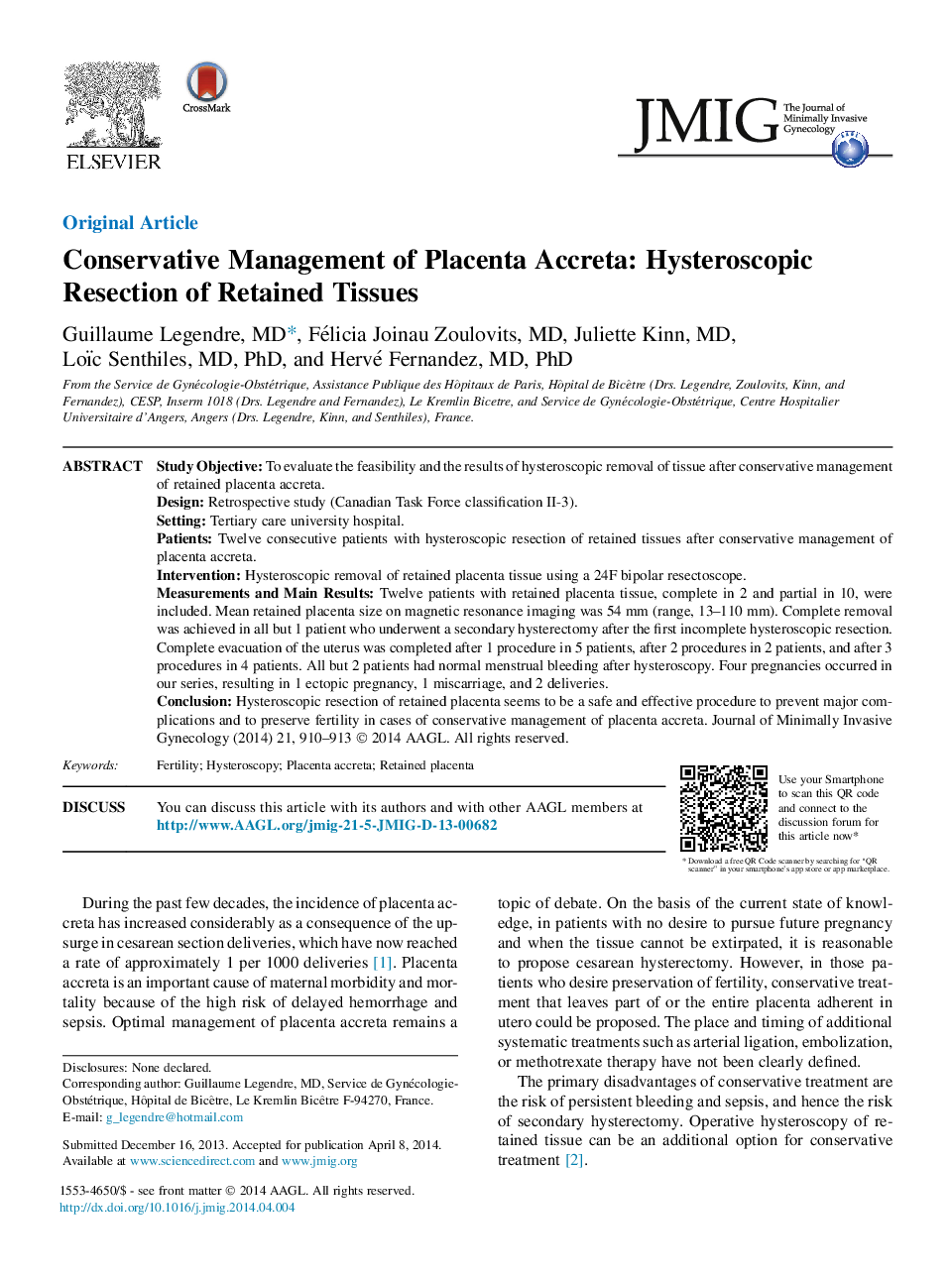 Conservative Management of Placenta Accreta: Hysteroscopic Resection of Retained Tissues