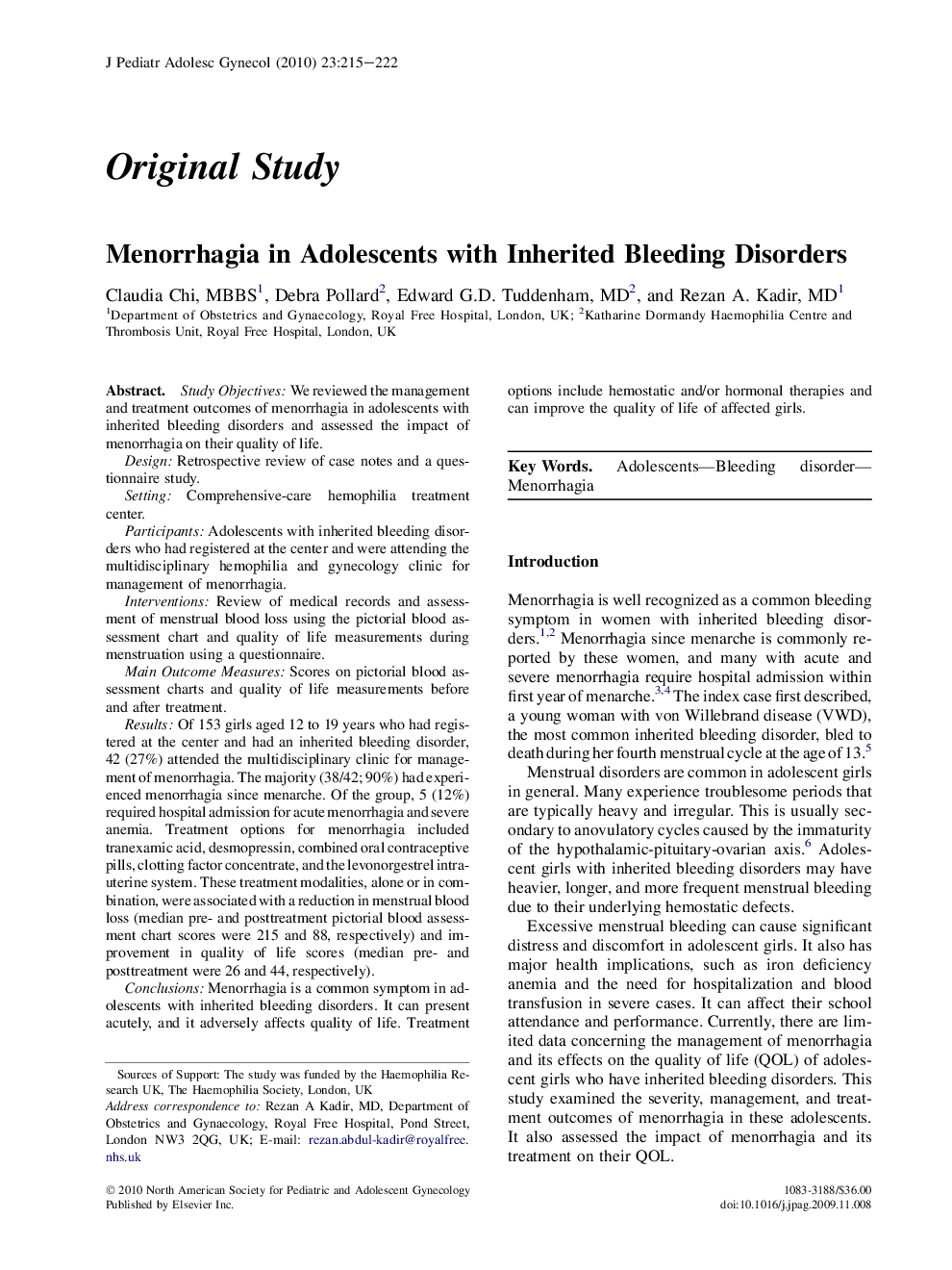 Menorrhagia in Adolescents with Inherited Bleeding Disorders 