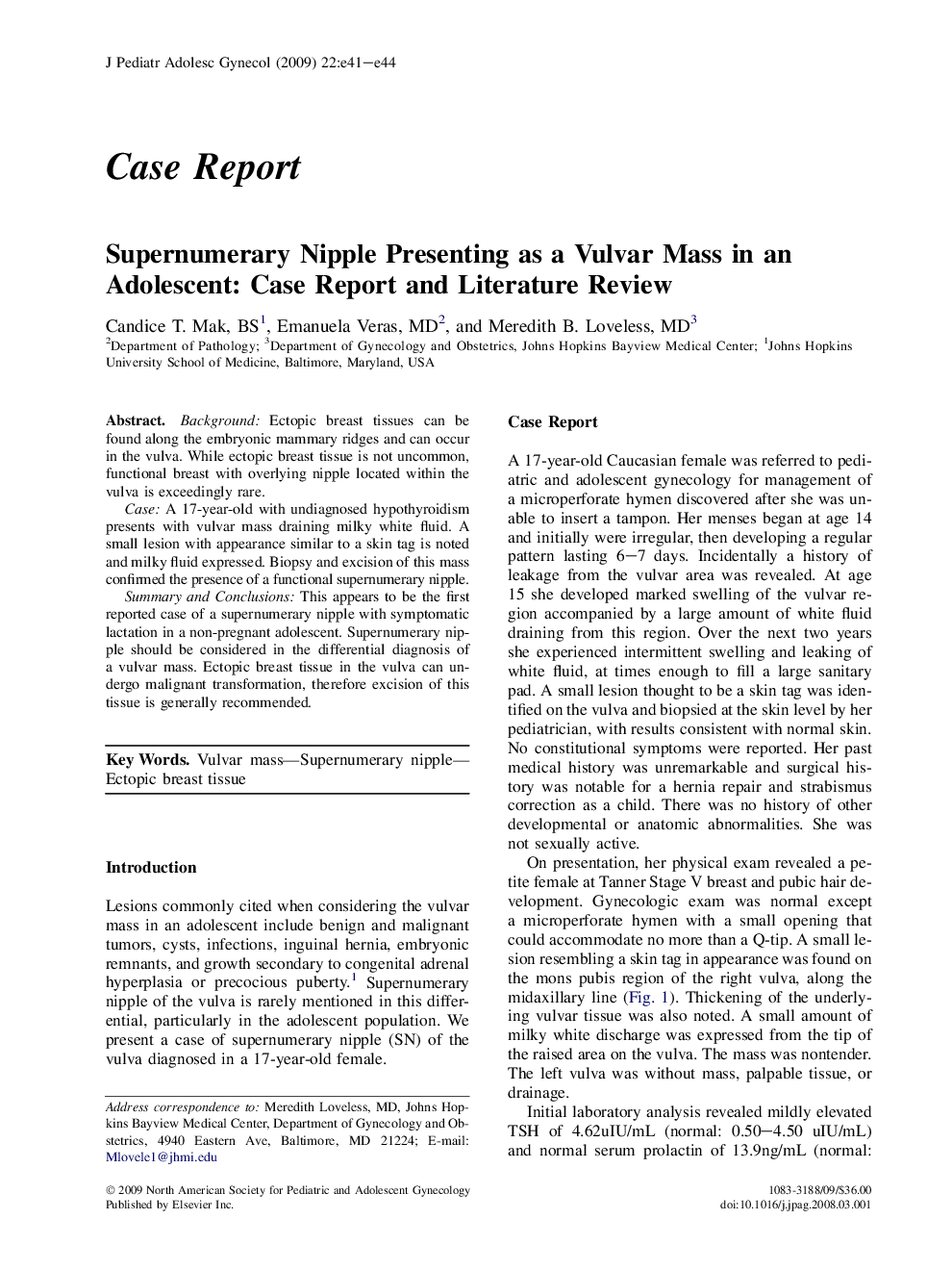 Supernumerary Nipple Presenting as a Vulvar Mass in an Adolescent: Case Report and Literature Review