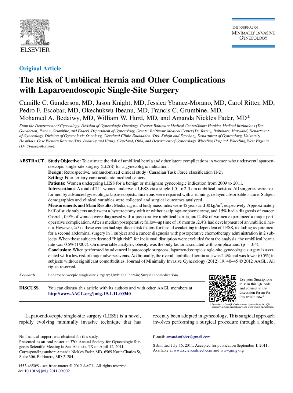 The Risk of Umbilical Hernia and Other Complications withÂ Laparoendoscopic Single-Site Surgery