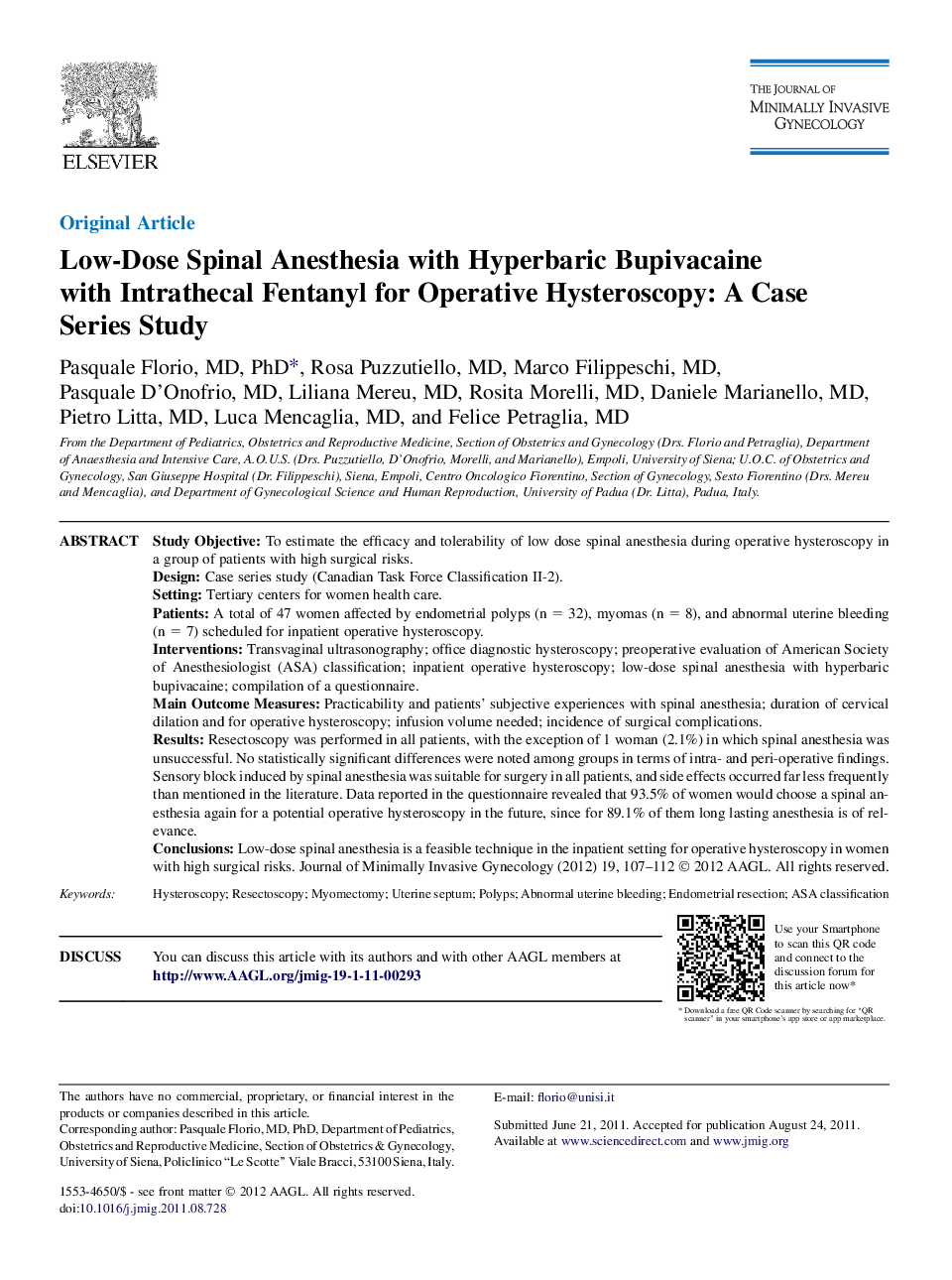 Low-Dose Spinal Anesthesia with Hyperbaric Bupivacaine with Intrathecal Fentanyl for Operative Hysteroscopy: A Case Series Study