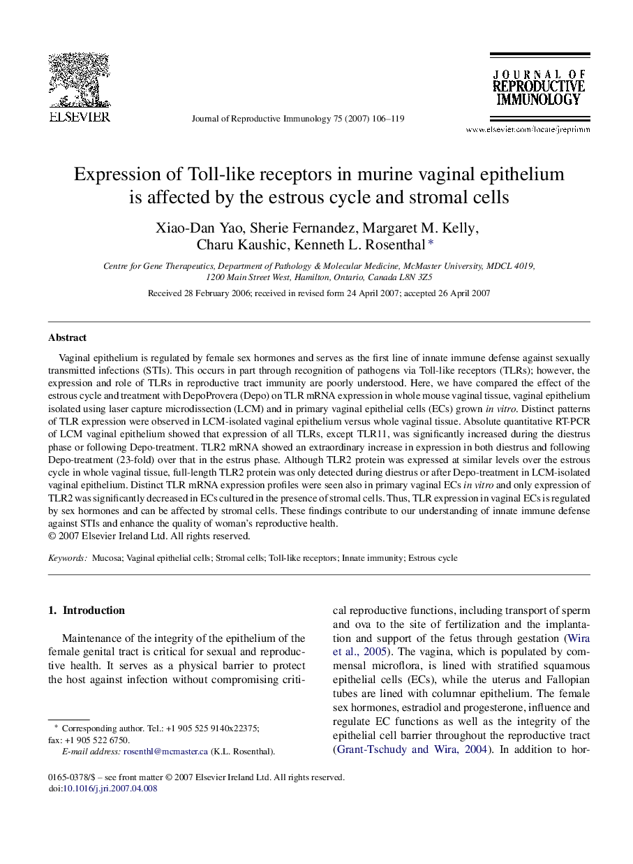 Expression of Toll-like receptors in murine vaginal epithelium is affected by the estrous cycle and stromal cells