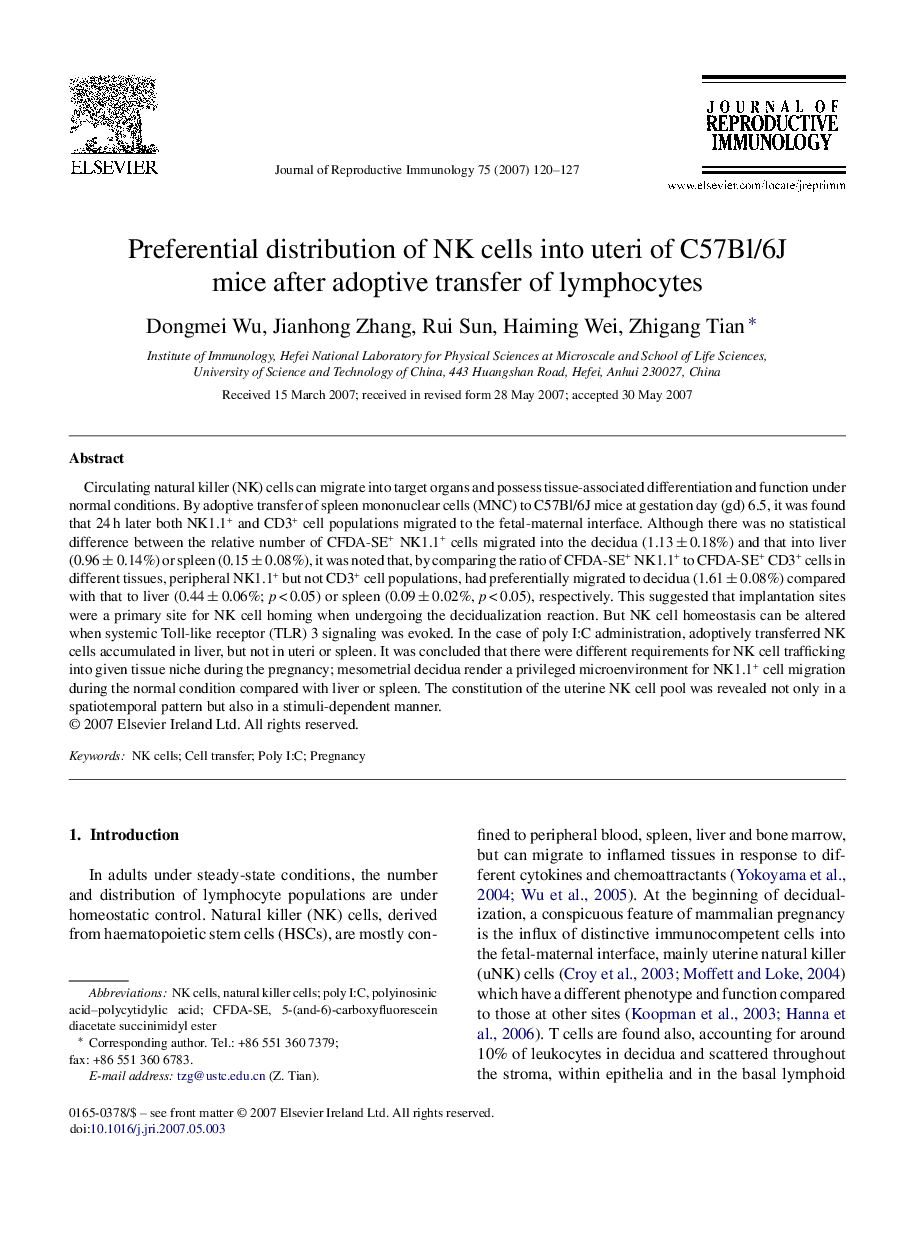 Preferential distribution of NK cells into uteri of C57Bl/6J mice after adoptive transfer of lymphocytes