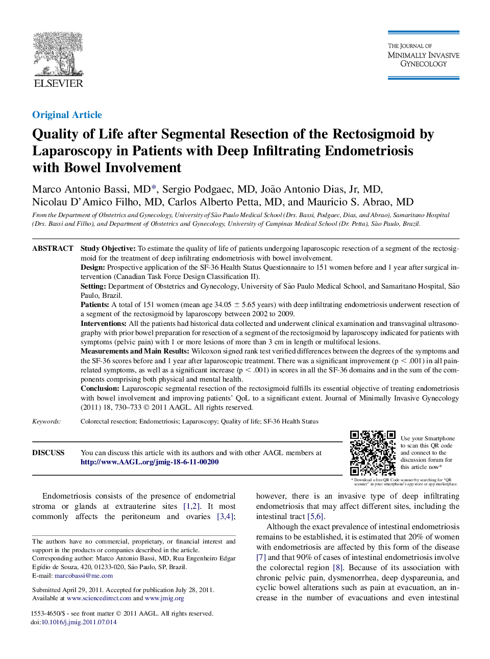 Quality of Life after Segmental Resection of the Rectosigmoid by Laparoscopy in Patients with Deep Infiltrating Endometriosis with Bowel Involvement 