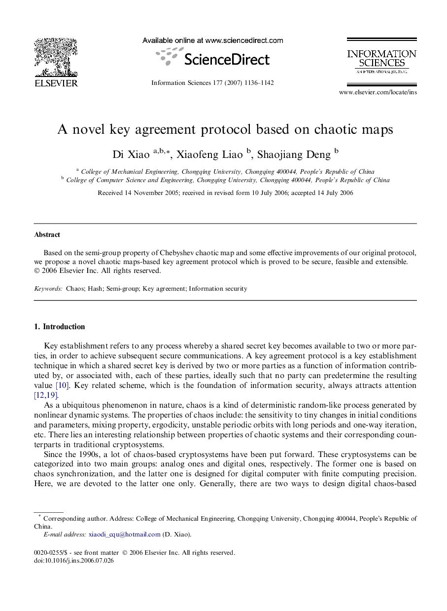 A novel key agreement protocol based on chaotic maps