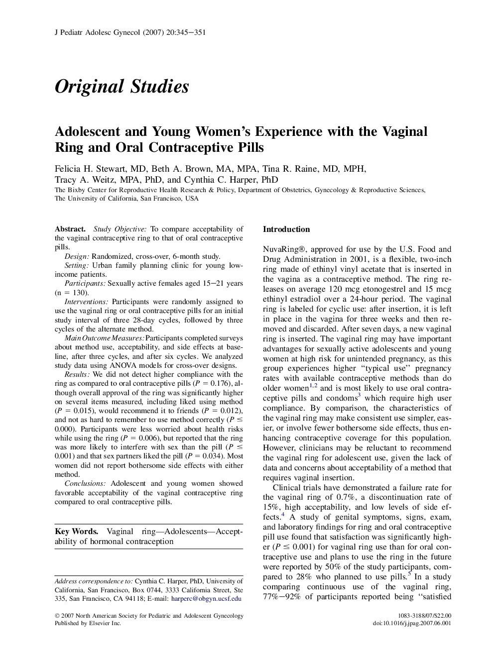 Adolescent and Young Women's Experience with the Vaginal Ring and Oral Contraceptive Pills