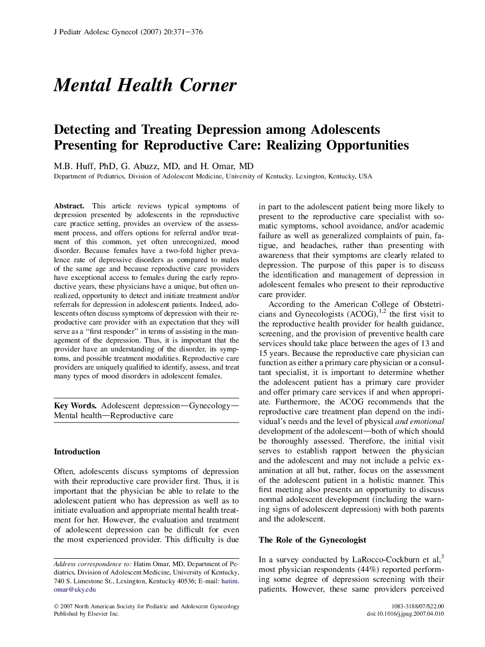 Detecting and Treating Depression among Adolescents Presenting for Reproductive Care: Realizing Opportunities