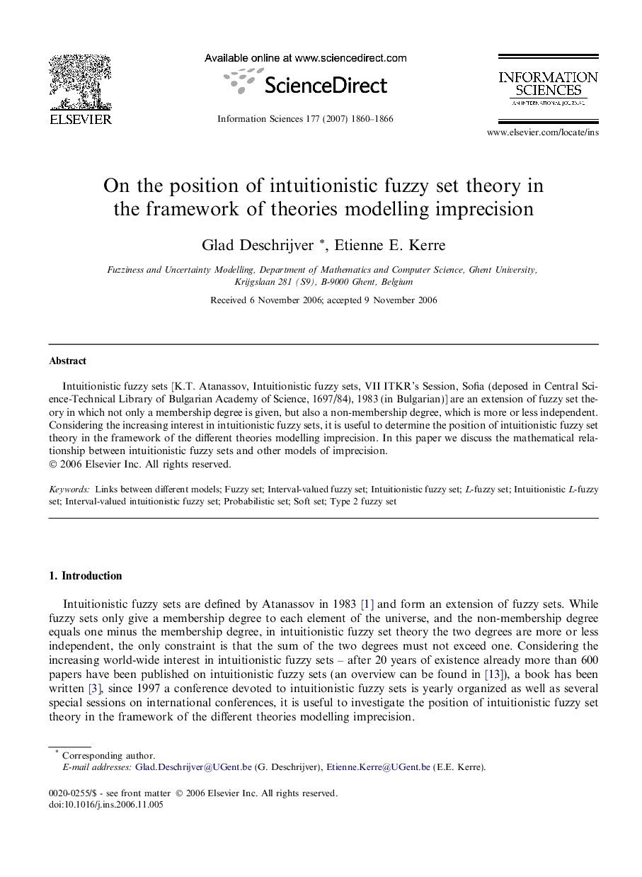 عکس صفحه اول مقاله: On the position of intuitionistic fuzzy set theory in the framework of theories modelling imprecision On the position of intuitionistic fuzzy set theory in the framework of theories modelling imprecision