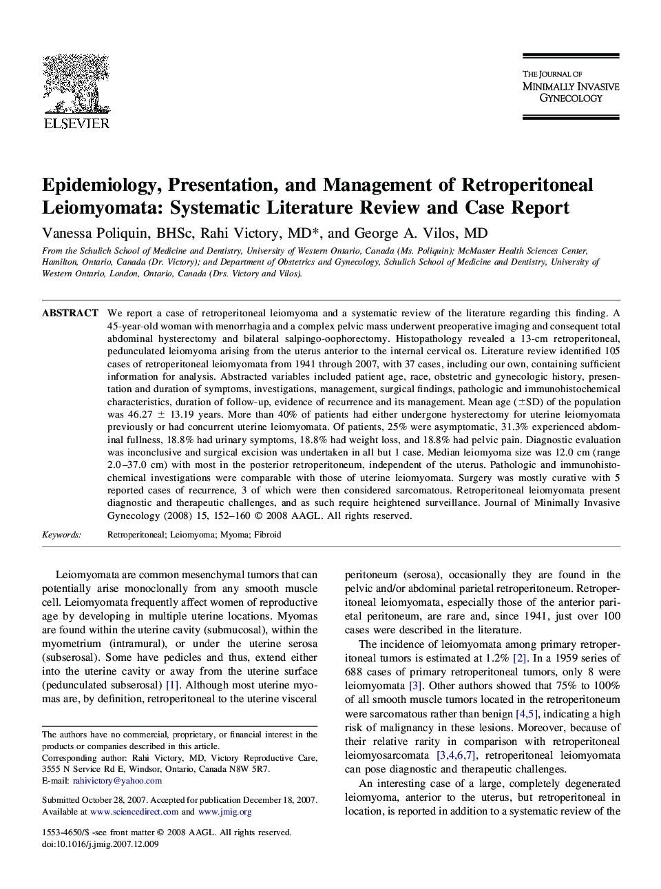 Epidemiology, Presentation, and Management of Retroperitoneal Leiomyomata: Systematic Literature Review and Case Report 