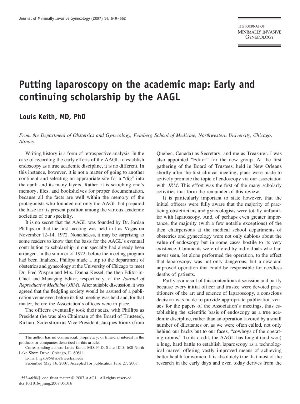 Putting laparoscopy on the academic map: Early and continuing scholarship by the AAGL